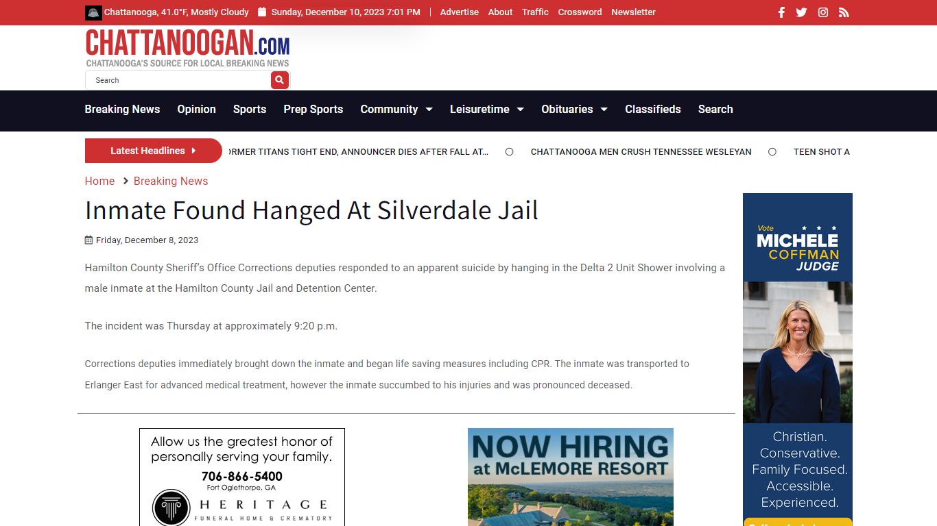 Inmate Found Hanged At Silverdale Jail - Chattanoogan.com